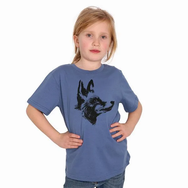 HANDGEDRUCKT HANDGEDRUCKT "Reineke Fuchs" Kinder-T-Shirt reine Biobaumwolle (kbA), Fadeddenim, – Produktbild 1 von 3