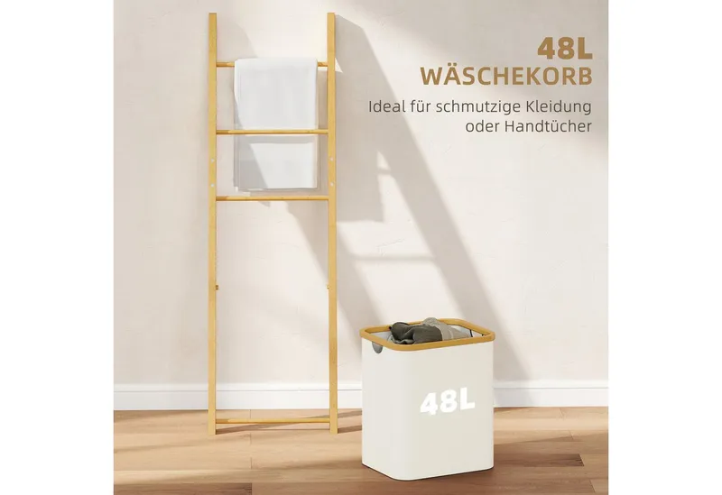 HOMCOM HOMCOM Badregal Handtuchhalter Handtuchständer mit 48L-Wäschekorb, Handtuchleiter, 2-in-1 Badezimmerregal 1-tlg., aus Bambus für Wohnzimmer, Badezimmer, Cremeweiß, 43 x 35 x 133 cm, Weiß, – Produktbild 5 von 5