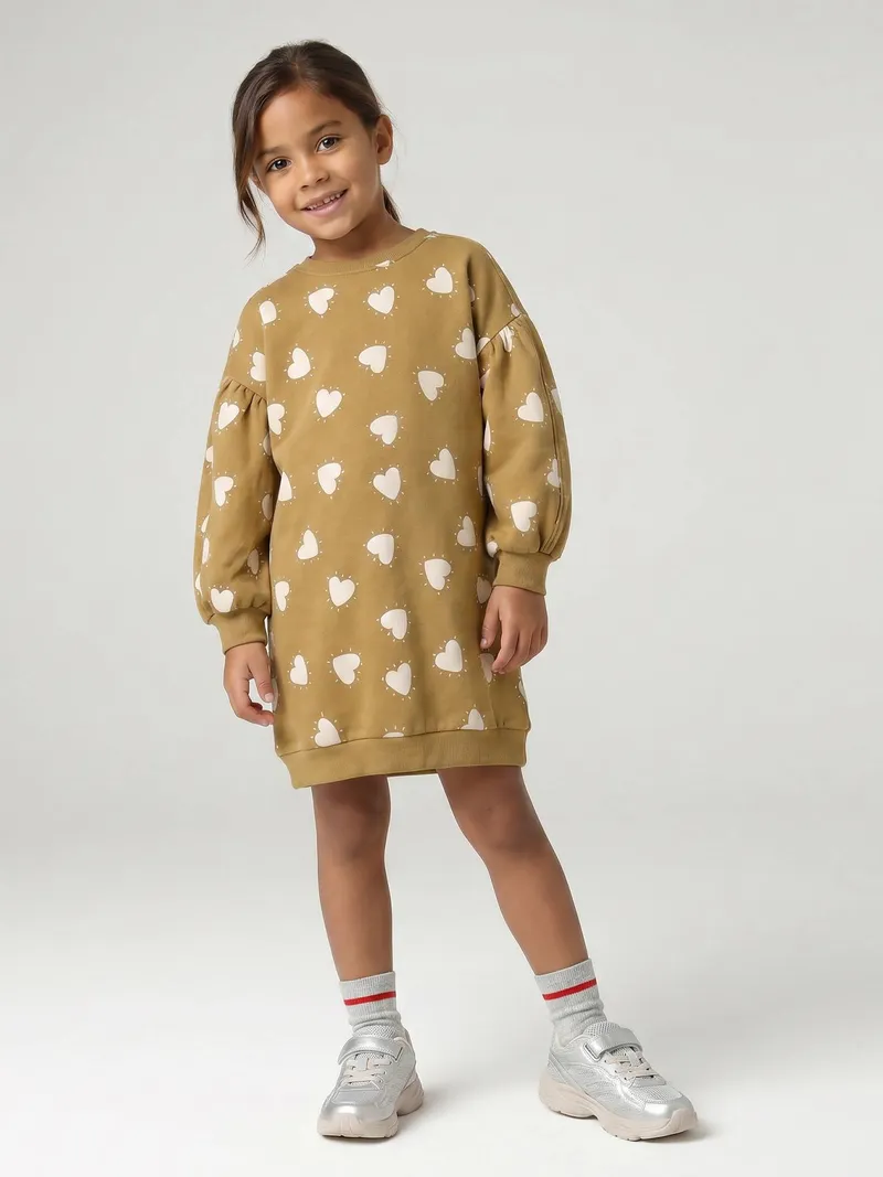 Vertbaudet Kurzes Sweatkleid Mädchen, Olivgrün, – Produktbild 1 von 3