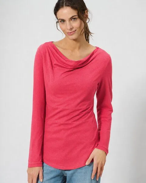 HempAge HempAge Damen Langarmshirt mit Wasserfallkragen Hanf/Biobaumwolle, Tomato, – Produktbild 1 von 3