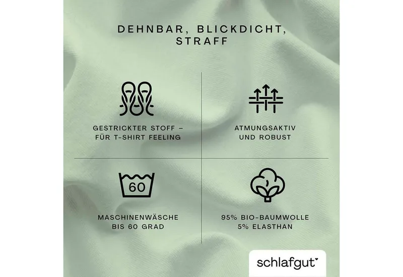 Schlafgut Schlafgut Spannbettlaken PURE Bio-Baumwolle mit Elasthan, 170 g/m², Bettlaken, Spannbetttuch, Jersey, Gummizug: rundum, (1 Stück), PREMIUM Laken für Matratzen bis 30cm Höhe, dehnbar blickdicht, straff, Grün, – Produktbild 4 von 5