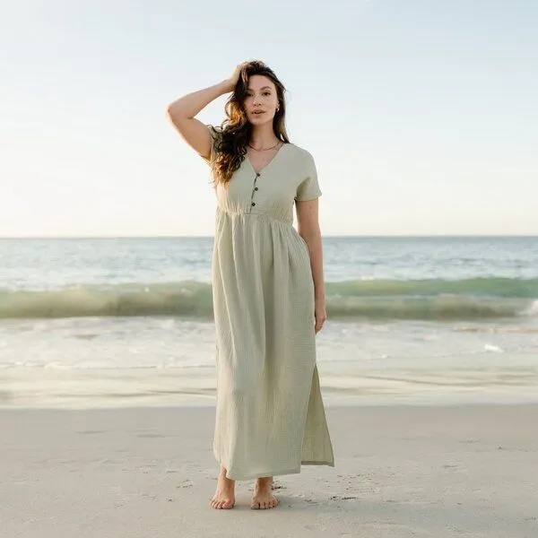 NORDLICHT NORDLICHT Musselin Kleid Alma Lang aus 100% Bio-Baumwolle, Grün (salbei), – Produktbild 1 von 4