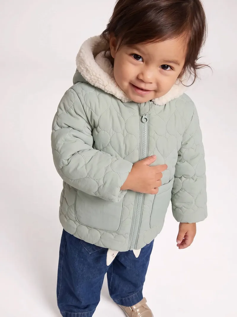 Vertbaudet Baby-Set aus Steppjacke mit Kapuze, Salbeigrün, – Produktbild 2 von 4