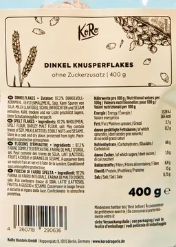 KoRo Dinkel Knusperflakes ohne Zuckerzusatz 10 x 400 g – Produktbild 1 von 1