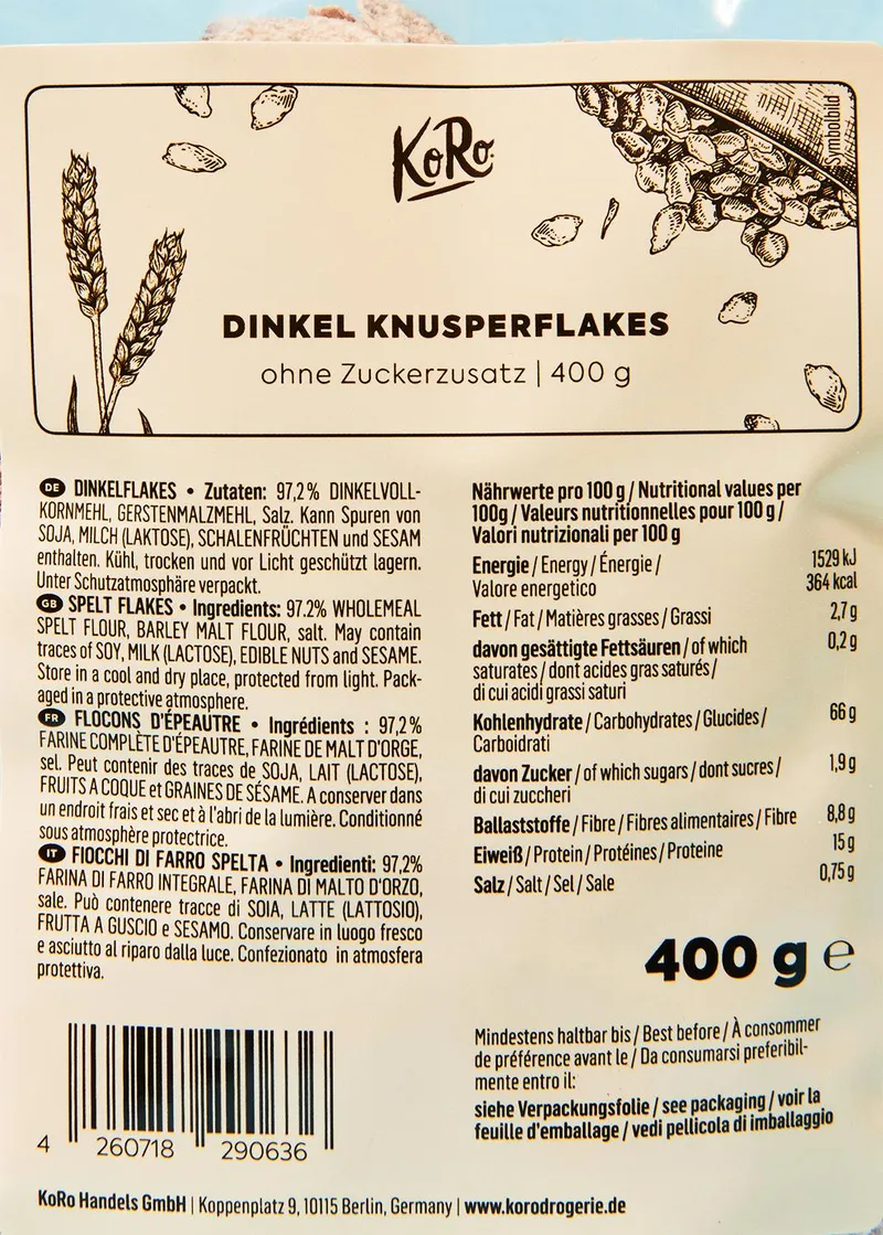 KoRo Dinkel Knusperflakes ohne Zuckerzusatz 400 g – Produktbild 3 von 5