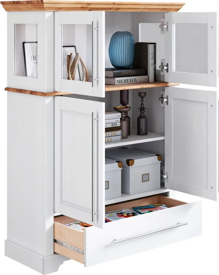 OTTO home Highboard Melissa Vitrine Breite/Höhe/Tiefe 94/39/133 cm, Breite 94 cm, 4-türig, mit Schublade, Kiefer massiv, FSC®, Weiß, – Produktbild 5 von 5