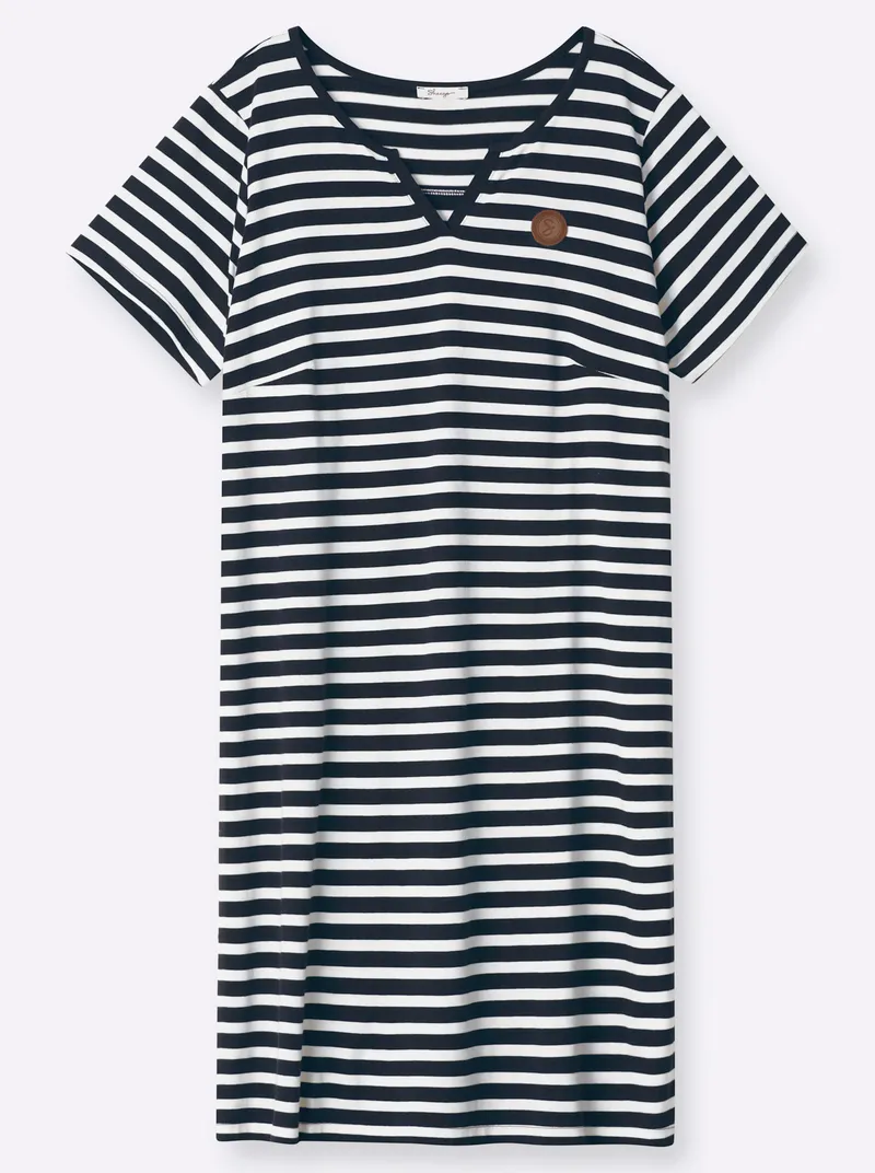 sheego Jerseykleid, Tiefblau-weiß-geringelt, – Produktbild 1 von 2