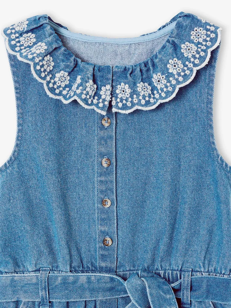 Vertbaudet Kurzoverall Denim bestickter Kragen Mädchen, Blue stone, – Produktbild 4 von 4