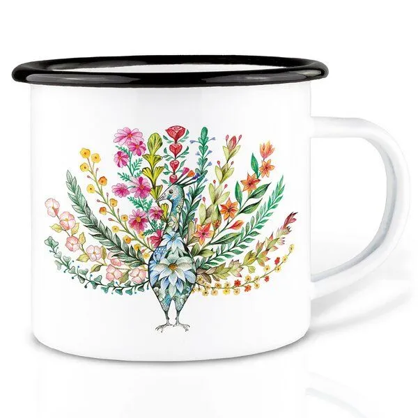 LIGARTI Emaille Tasse – Blumenpfau – LIGARTI Tiermanufaktur – Produktbild 1 von 4