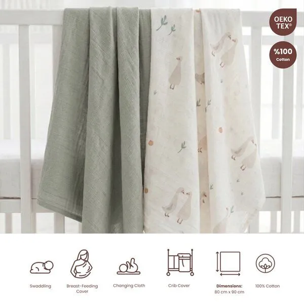 Bebekevi Bebekevi Spucktuch - Multitücher - Decke Müsselin 80 × 90 cm - 2er set - 100 % Baumwolle, Grün-ente, – Produktbild 2 von 3