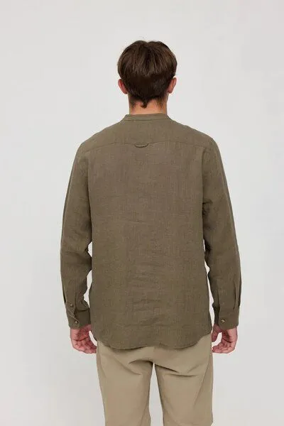 Mazine Mazine Stand Collar Hemd aus 100% Leinen, Olive brown (braun), – Produktbild 2 von 4