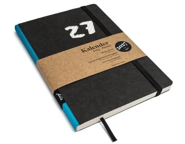 tyyp tyyp Taschenkalender 2027 schwarz – achtsam planen auf Recyclingpapier – A5, vegan & handgefertigt, Türkis-blau, – Produktbild 1 von 4