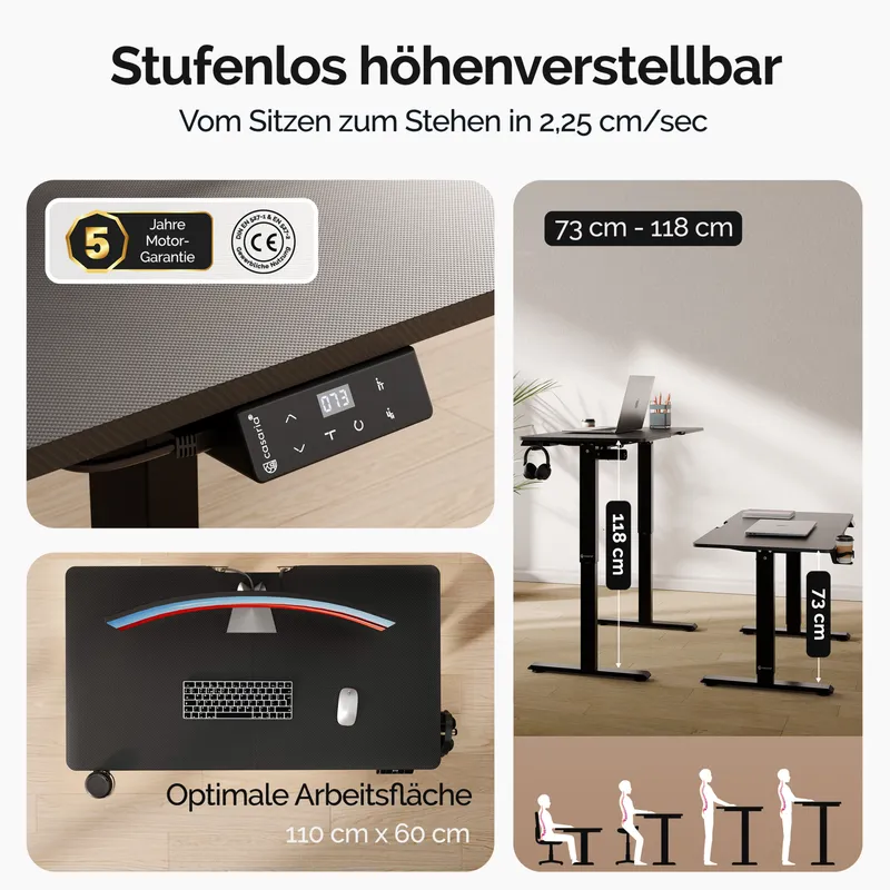 Casaria® Höhenverstellbarer Schreibtisch Schwarz (Carbon-Optik) 110x60x73-118cm, Schwarz, – Produktbild 2 von 2