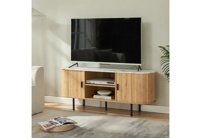 en.casa TV-Schrank »Tvedestrand« mit 2 Türen 140 x 40 x 55 cm Marmorweiß/Natur, Weiß, – Produktbild 1 von 4