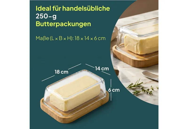 uandu home Butterdose Glas & Bambus – Borosilikat Glasdeckel, (mit FSC-zertifiziertem Bambusboden – Luftdichte Butterglocke für 250g Butter – Butterschale, Geschenkidee, Butter Box Dose, Butterbox), Beige, – Produktbild 2 von 5