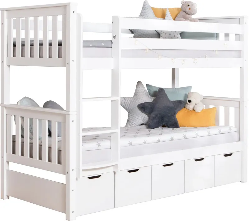 TICAA TICAA Etagenbett Sammy (90x200cm), mit Stauraum, umbaubar zu 2 Einzelbetten, Rollrost, Massivholz, Weiß, – Produktbild 1 von 4