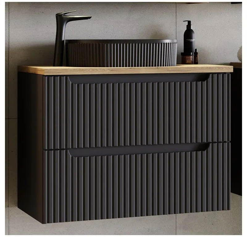 Lomadox Waschtisch NEWPORT-56-BLACK, in schwarz mit Eiche, gerillte Front, schwarzes Keramikwaschbecken, Schwarz, – Produktbild 1 von 5