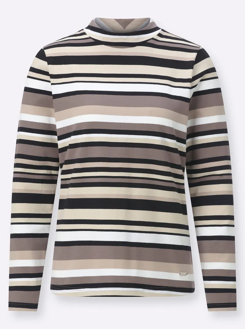 Witt Stehkragenshirt dunkeltaupe-sesam-geringelt, Dunkeltaupe-sesam-geringelt, – Produktbild 1 von 3
