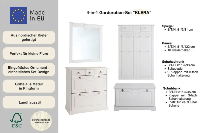 OTTO home Garderoben-Set Klera, (Set, 4-St), 4-teilig, aus massiver Kiefer, FSC®-zertifiziert, Weiß, – Produktbild 4 von 5
