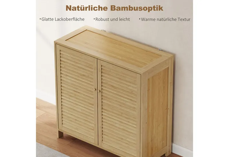 HOMCOM HOMCOM Schuhschrank aus Bambus mit verstellbaren Einlegeböden (Set, 1-St., 1er Set) für ca. 14 Paar Schuhe, Lamellentüren, Beige, – Produktbild 5 von 5