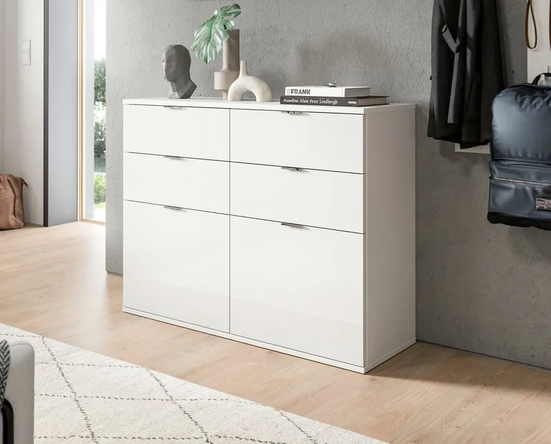 furnling Kommode Professor, 2 Klappen, 4 Schubladen, Hochglanz Front, Breite 110 cm, Weiß, – Produktbild 2 von 5