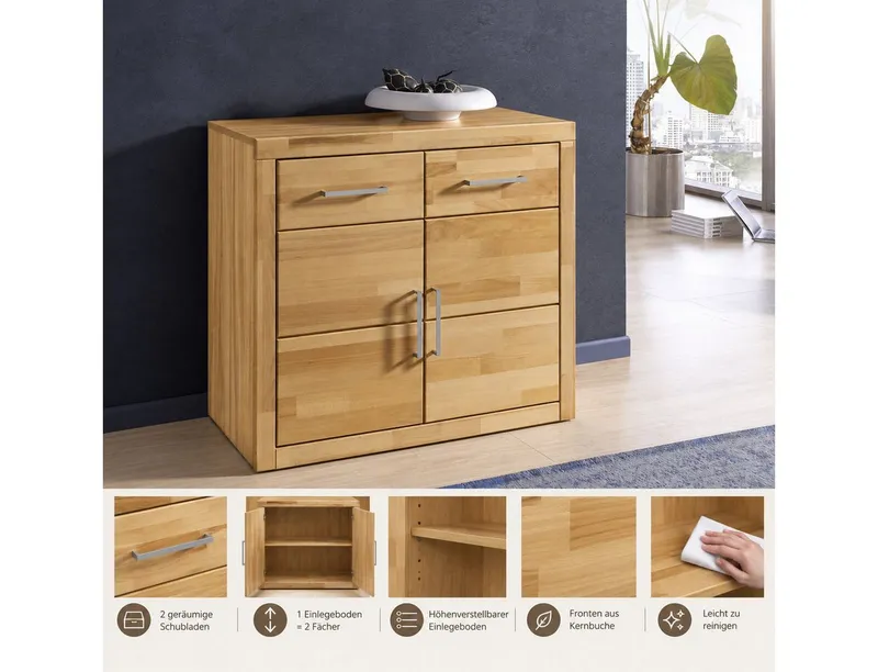 OTTO home Kommode Logo,90cm breit,42 cm tief, Fronten Massivholz,2 Türen,2 Schubladen, Holz massiv, Holzwerkstoff,2 breite Fächer,Boden versetzbar, Braun, – Produktbild 2 von 5