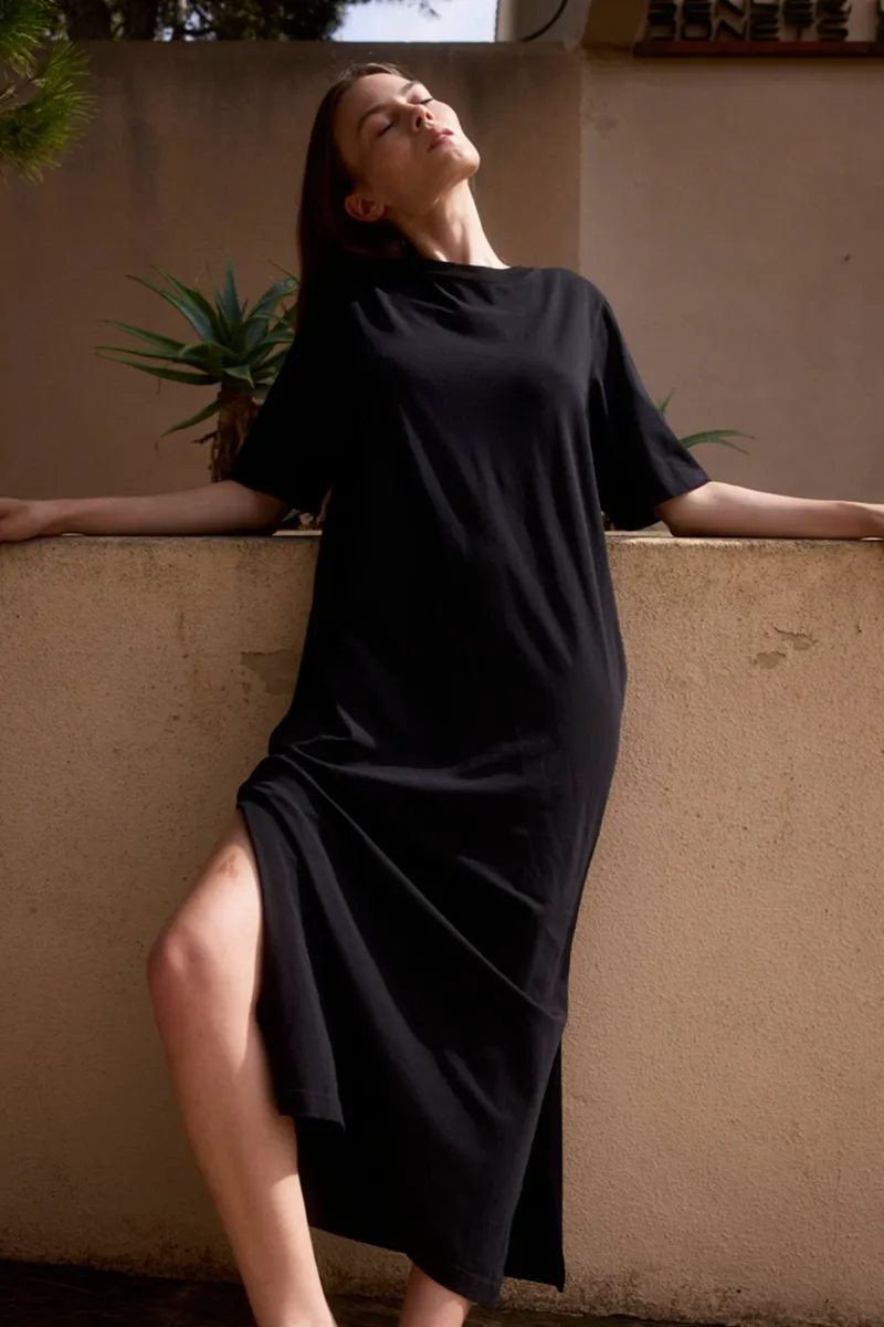WOTE WOTE Damen vegan Maxikleid Jersey Schwarz, Schwarz, – Produktbild 2 von 2