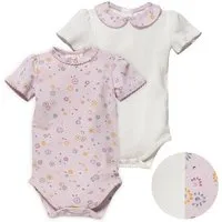 People Wear Organic People Wear Organic Kurzarm-Body-Doppelpack, weiße Ajour-Baumwolle (bio) mit Kragen & blass violett bedruckt mit Frühlingsblumen – Produktbild 1 von 1