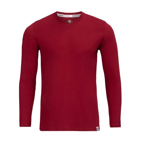 Haasis Bodywear HAASIS BODYWEAR Herren Shirt mit v-neck; Langarm, Single Jersey, Bio Baumwolle, Weinrot, – Produktbild 1 von 4