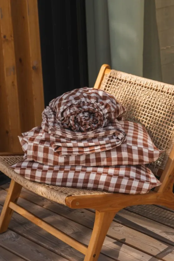 AmourLinen AmourLinen unisex vegan Set Bettlaken Mocha Gingham, Braun, – Produktbild 2 von 2