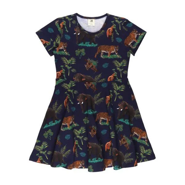 Walkiddy Mädchen Skaterkleid GOTS zertifiziert – Bio-Baumwolle, Dunkelblau mit tropischem Muster, Kurzarm, bequem | Walkiddy, Blau, – Produktbild 1 von 3