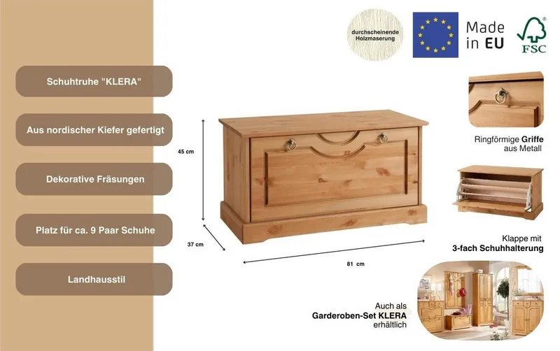 OTTO home Schuhtruhe Klera, Schuhbank, mit dekorativen Fräsungen, Lanhausstil (Made in Europe), Breite 81 cm, aus massiver Kiefer, FSC®-zertifiziert, Beige, – Produktbild 3 von 5