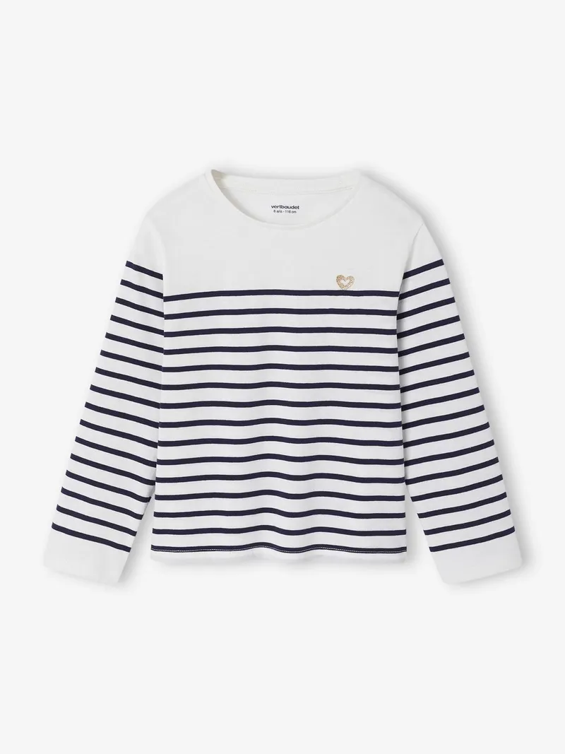 Vertbaudet Mädchen Ringelshirt mit Herz-Stickerei, Blau gestreift, – Produktbild 1 von 3