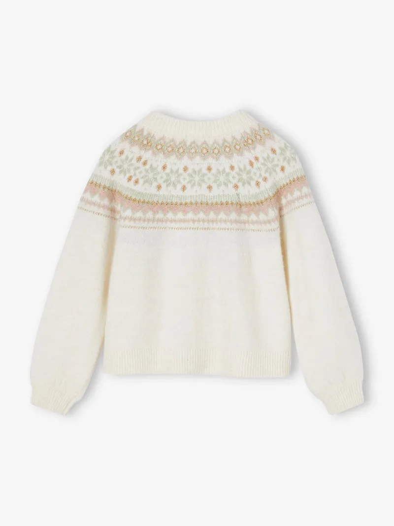 Vertbaudet Mädchen Cardigan mit Norwegermuster 42% Recycling-Polyester GRS-zertifiziert, Wollweiß, – Produktbild 3 von 4