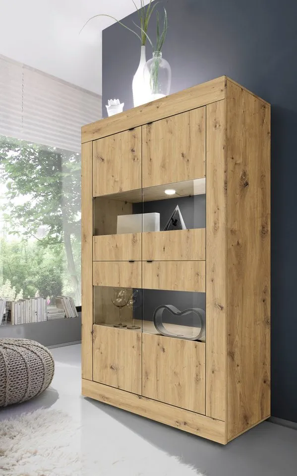 Home affaire Vitrine Basic Höhe 162 cm, Standvitrine mit 4 Türen - Metallgriffe, Stauraumvitrine in moderner Rahmenoptik, Hochschrank, Anrichte, Beige, – Produktbild 2 von 5