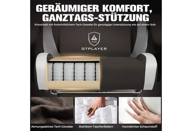 GTPLAYER Gaming-Stuhl Ergonomischer Gaming Sessel Schreibtischstuhl aus Stoff/Kunstleder (Packung), Federsitzkissen mit Fußstütze, Braun, – Produktbild 4 von 5