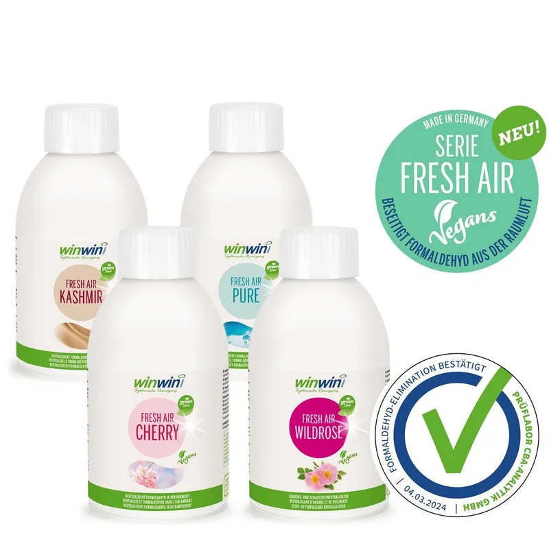 winwinCLEAN winwinCLEAN Raumduft FRESH AIR V Kashmir,Cherry,Pure,Wildrose Luftreinigungs-Konzentrat (Spar Set, 4-St., 250ml FRESH AIR Vegans), Geruchsentferner,Geruchsneutralisierer,Reiniger,Raumluftdeo,Erfrischer – Produktbild 1 von 2