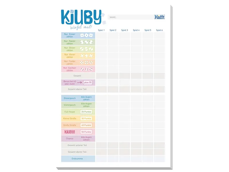 Häfft Häfft Spieleblock "Kjuby - Würfel mal!" DIN A5, 50 Blatt, 100 g/m² – Produktbild 1 von 1