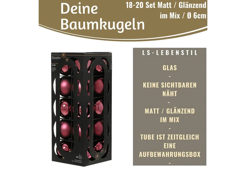 LS-LebenStil Weihnachtsbaumkugel 18-20 Design Glas Weihnachtskugeln 6cm Rosa Dunkelrosa Christbaum Deko (18 St), Edle Weihnachtsdeko Matt / Glänzend Weihnachtsbaumschmuck Deko Kugeln, Rosa, – Produktbild 2 von 5
