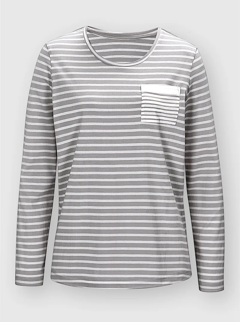 wäschepur Schlafanzug-Shirt steingrau-weiß-geringelt, Steingrau-weiß-geringelt, – Produktbild 1 von 2