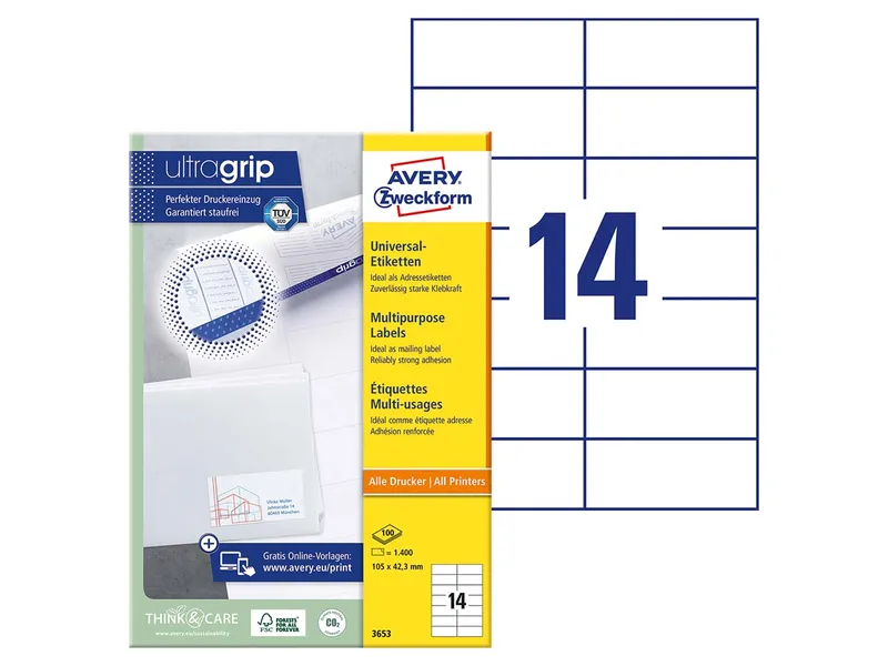 Avery Zweckform 1.400 Zweckform Etiketten 105 x 42,3 mm, A4 – Produktbild 2 von 3