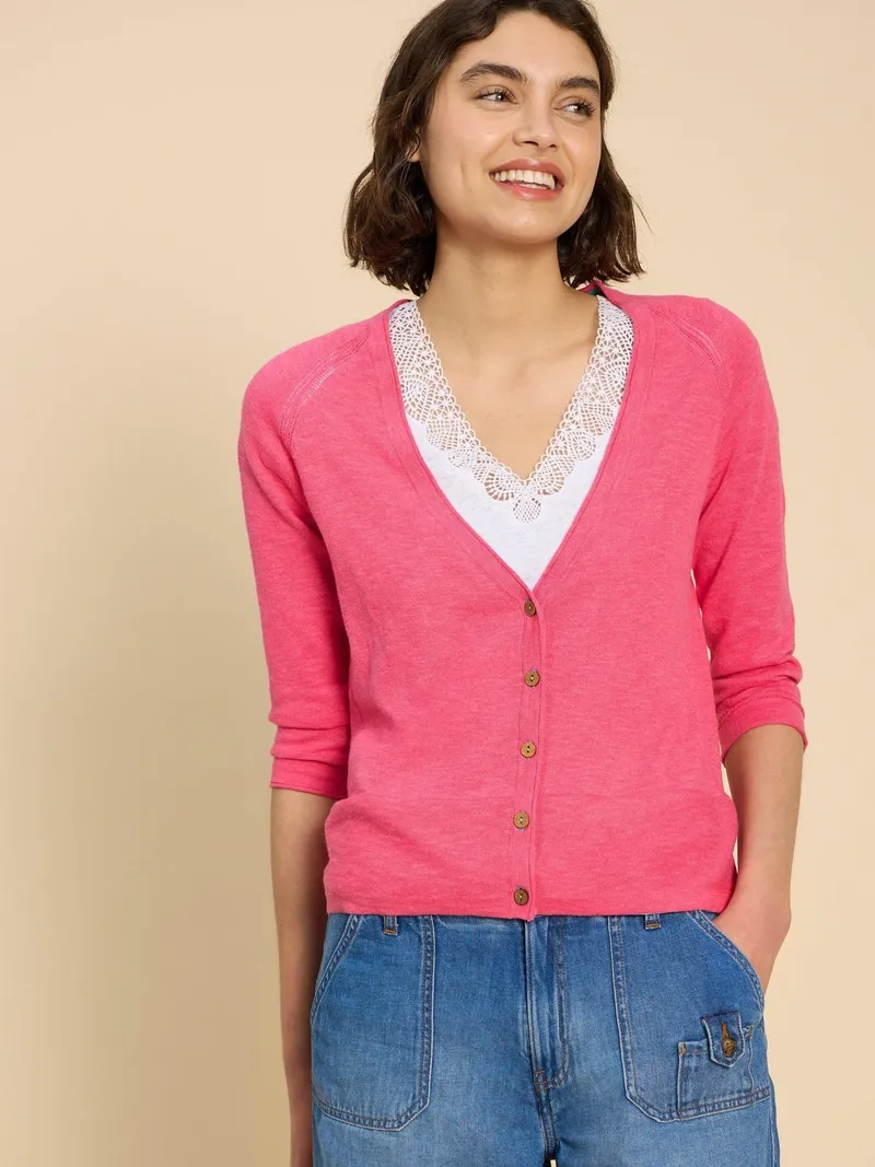 White Stuff Naria Strickjacke mit V-Ausschnitt - 36, Leuchtend rosa, – Produktbild 1 von 4