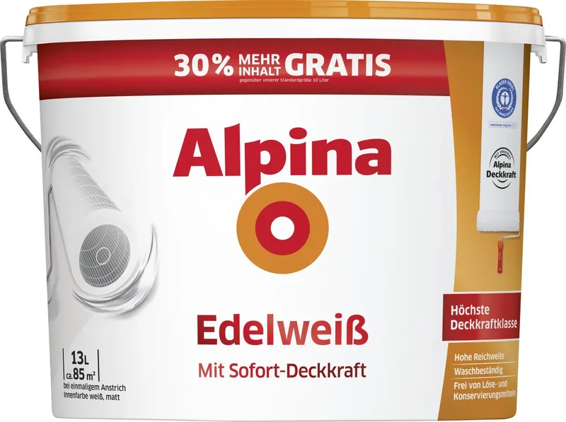 Alpina Alpina Wandfarbe Alpina Wandfarbe Edelweiß 13 L, Weiß, – Produktbild 1 von 1