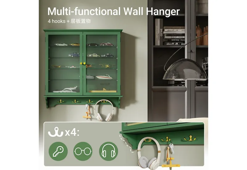 SoBuy Hängevitrine FSB114-E, Wandvitrine mit Sensor-LED-Licht, schmaler Hängeschrank (1er Set) Sammlervitrine mit 2 Glastüren, 4 verstellbaren Glasböden und 4 Haken, Grün, – Produktbild 5 von 5
