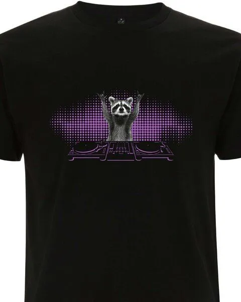Spreecult Spreecult DJ Waschbär - Bio und Fair - Männer Unisex T-Shirt - Turntable Racoon, Schwarz, – Produktbild 2 von 3