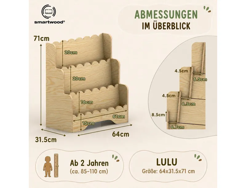 Smartwood Kinderregal Montessori, Bücherregal Kinder, FSC-Kiefernholz, Blau, LULU, Blau, – Produktbild 3 von 5