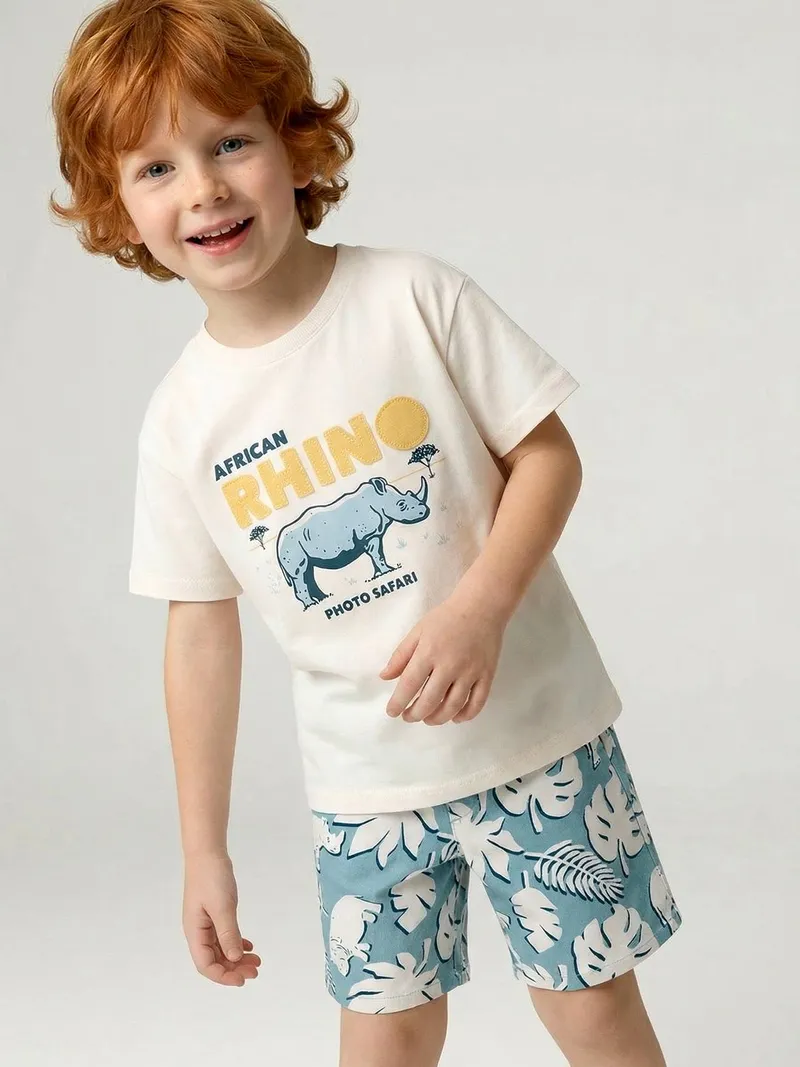 Vertbaudet Jungen-Set aus T-Shirt und Shorts AFRICAN RHINO, Wollweiß, – Produktbild 4 von 4