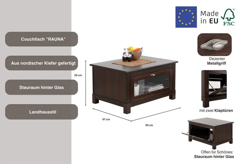 OTTO home Couchtisch Rauna, Breite 90 cm, FSC®-zertifiziertes Massivholz, Braun, – Produktbild 4 von 5