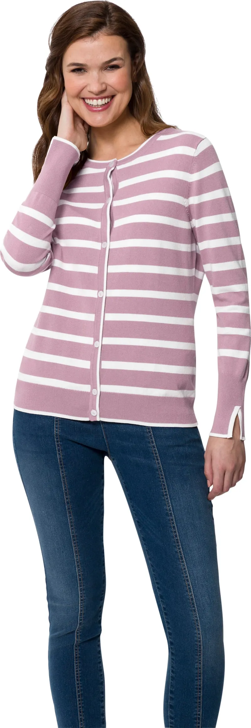 heine Feinstrickjacke rosé-ecru-gestreift, Rosé-ecru-gestreift, – Produktbild 2 von 2