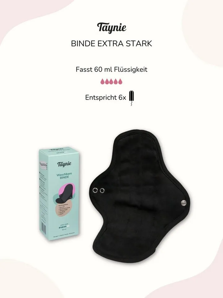 Taynie Taynie Binden Waschbare Binde extra stark - wiederverwendbare Stoffbinde, Extra stark, 3-St., Waschbare Binden / Wiederverwendbare Stoffbinden aus Bio-Baumwolle, Schwarz, – Produktbild 5 von 5